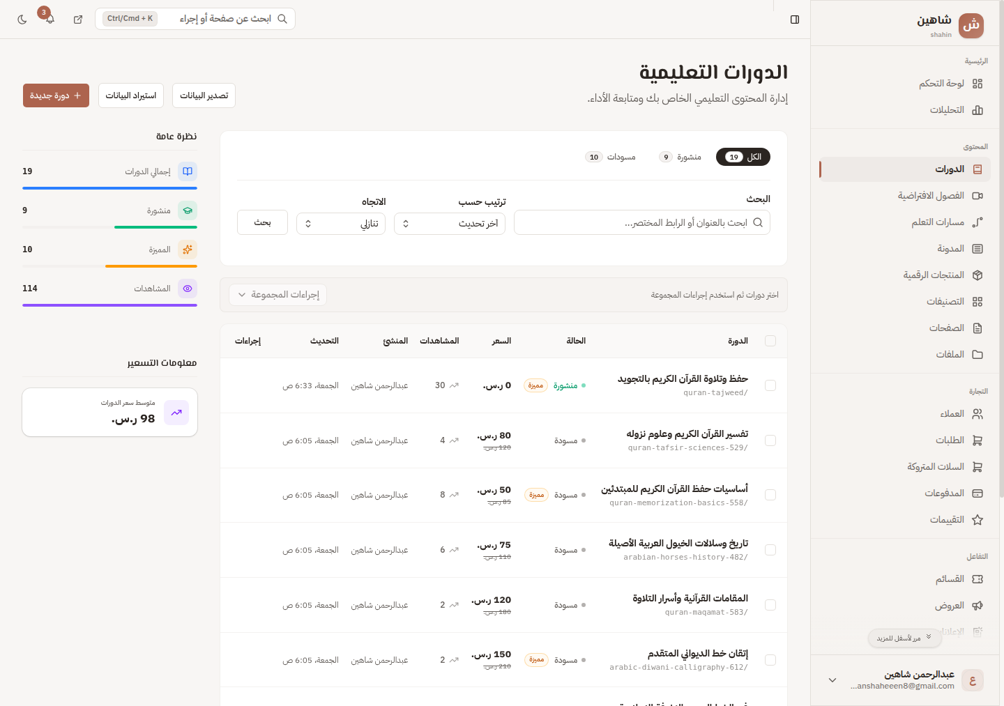 قائمة الدورات في منهلي